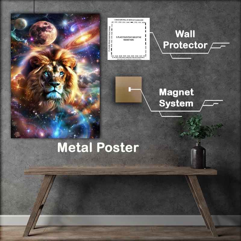 Buy Metal Poster : (Beautiful Lion in the center of space planets)
