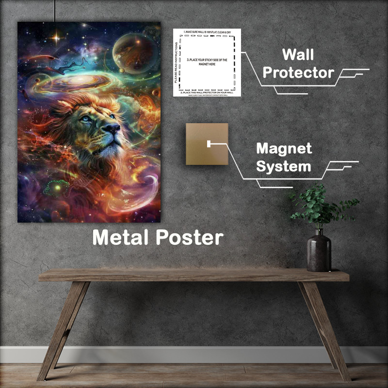 Buy Metal Poster : (Lion in the center of space planets and swirls)