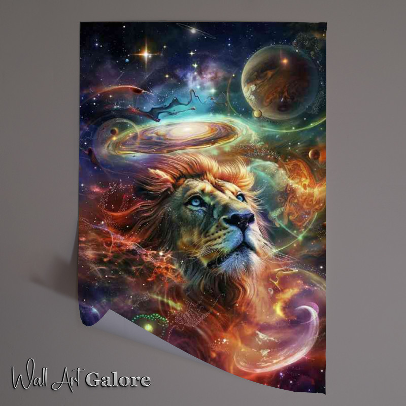 Buy Unframed Poster : (Lion in the center of space planets and swirls)