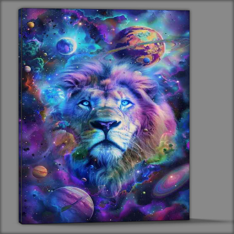 Buy Canvas : (Lion with blue eyes in the center of a colorful galaxy)