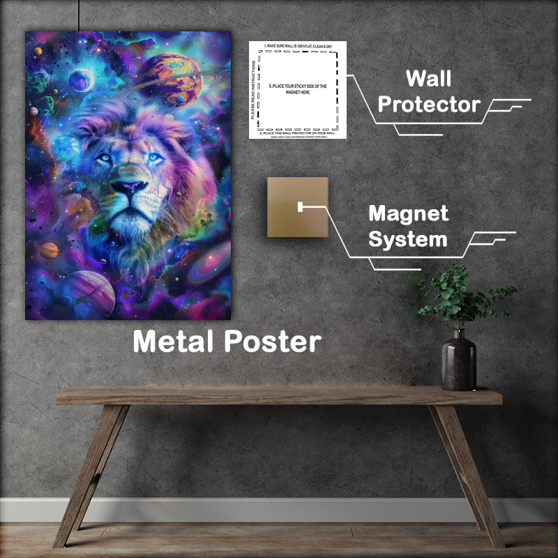 Buy Metal Poster : (Lion with blue eyes in the center of a colorful galaxy)