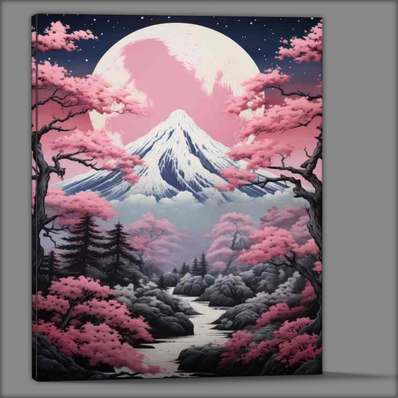 Buy Canvas : (Japans Best Waterfront Cherry Blossomview of the mountains)