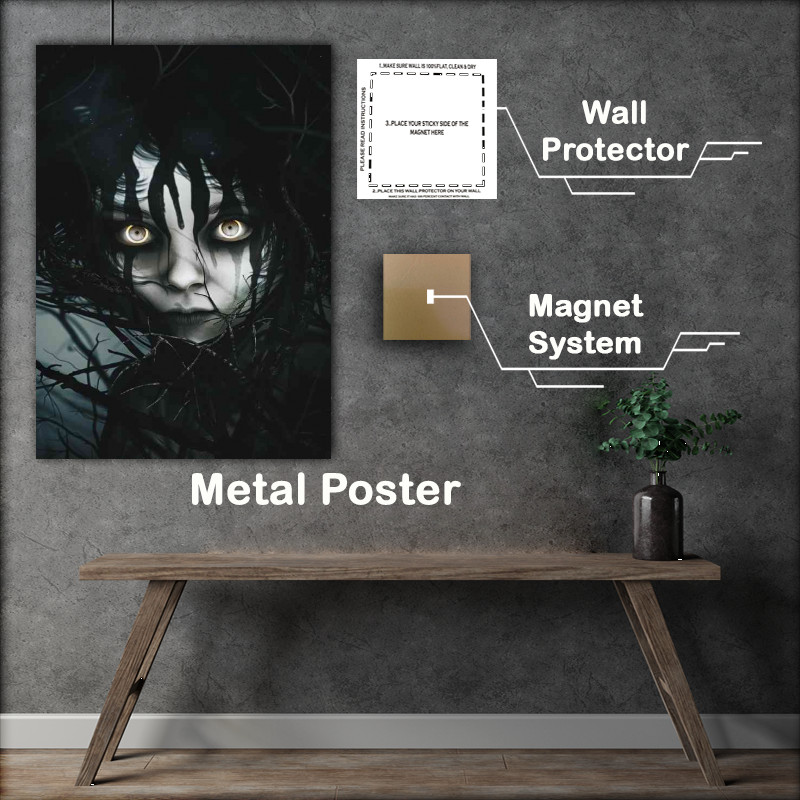 Buy Metal Poster : (Face with black hair and white stripes with big eyes)
