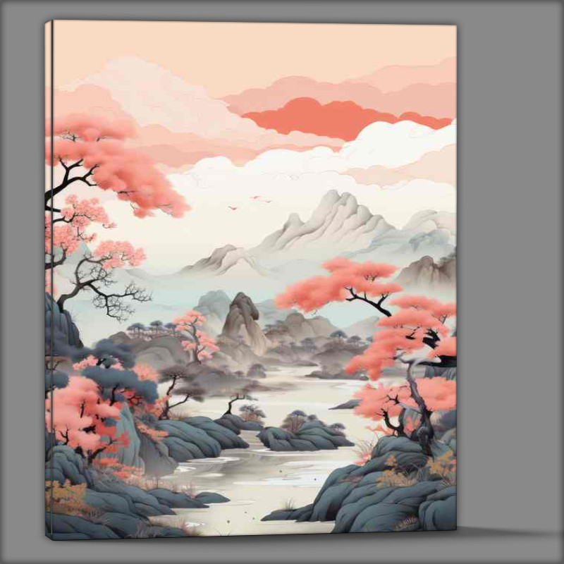 Buy Canvas : (Japans Nature Trio Cherry Trees Mountains and Waterways)