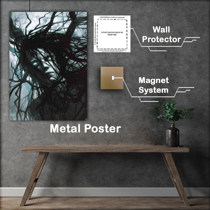 Buy Metal Poster : (Monster with black hair and white skin glowing eyes)