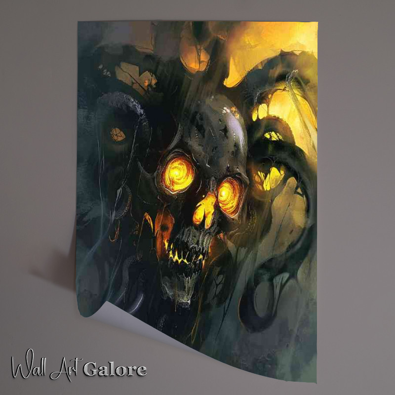 Buy Unframed Poster : (Skull with glowing yellow eyes and black tentacles)