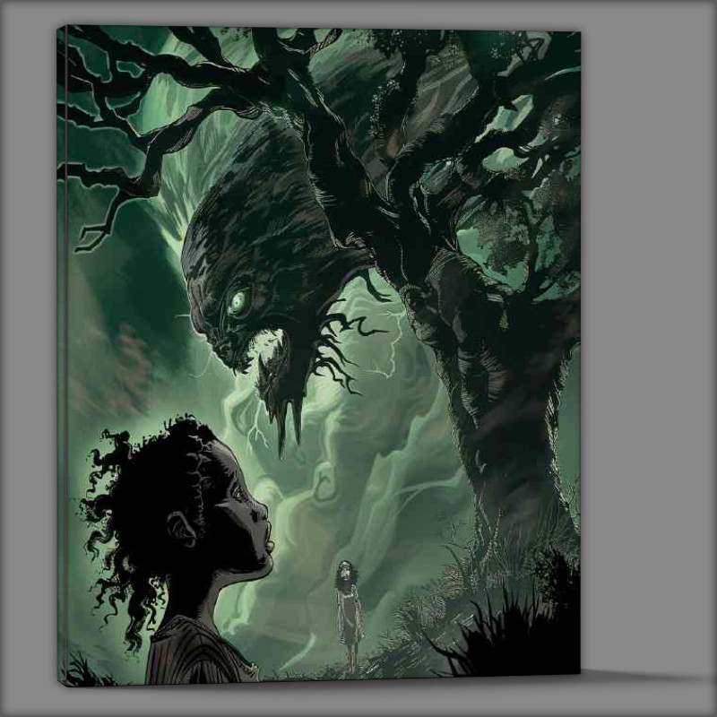 Buy Canvas : (Young girl is standing under the tree with her head)
