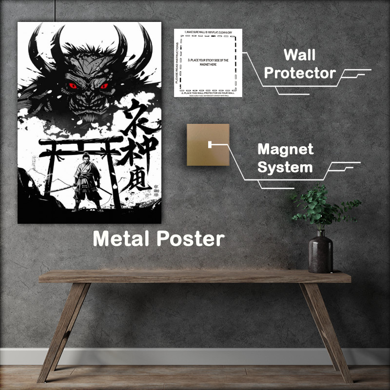 Buy Metal Poster : (Black_and_white_Japanese_style_samurai_standing_in_fr_97963254-dae0-4e7e-ac2d-932fbcec00e7)
