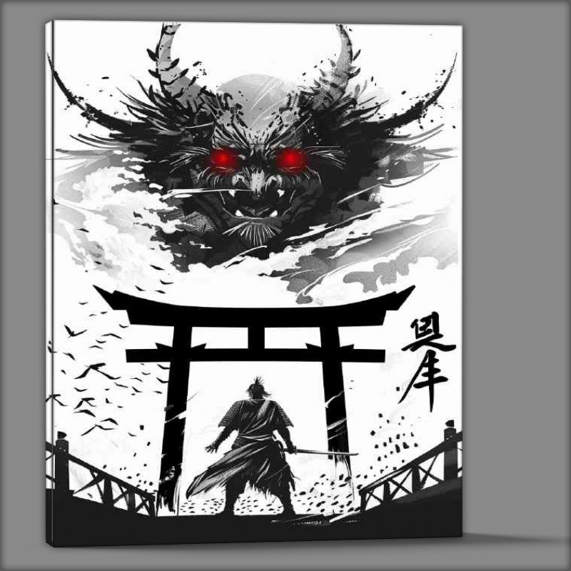 Buy Canvas : (Black_and_white_Japanese_style_samurai_standing_in_fr_e253b85c-ae97-4547-84a9-dad8a0a4f196)
