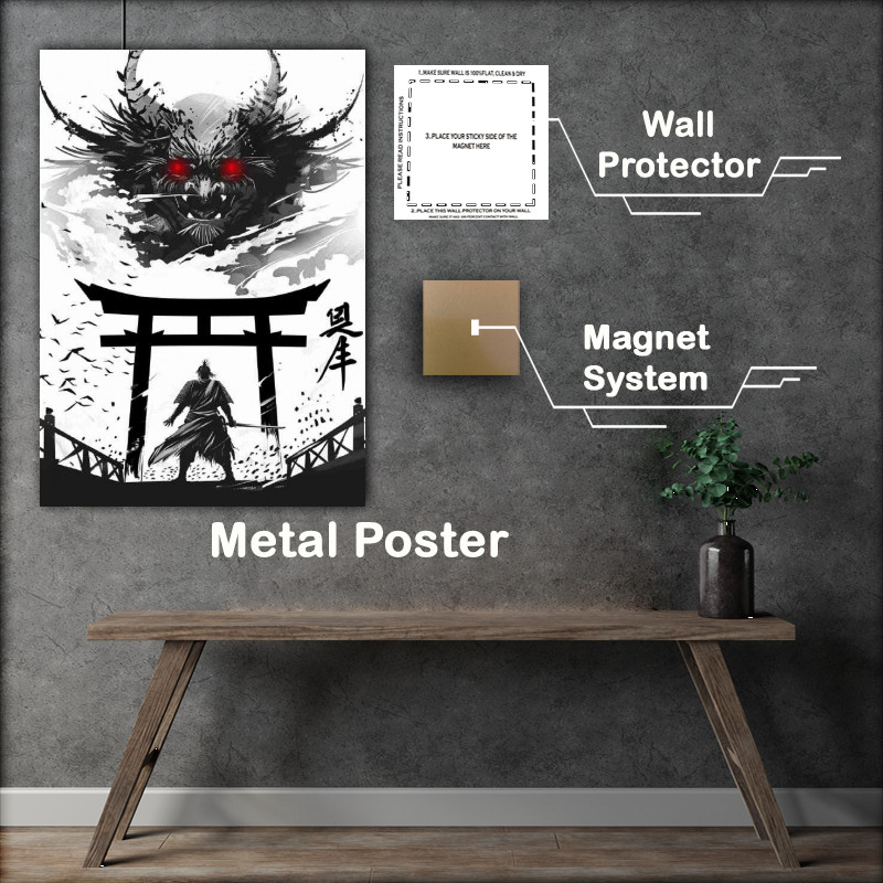 Buy Metal Poster : (Black_and_white_Japanese_style_samurai_standing_in_fr_e253b85c-ae97-4547-84a9-dad8a0a4f196)