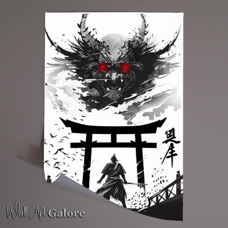 Buy Unframed Poster : (Black_and_white_Japanese_style_samurai_standing_in_fr_e253b85c-ae97-4547-84a9-dad8a0a4f196)