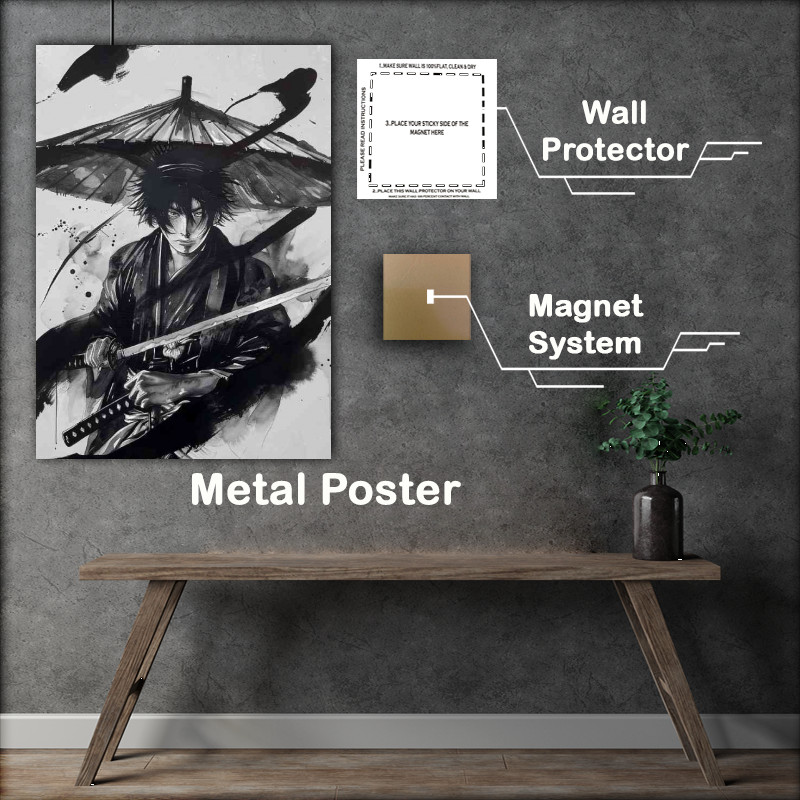Buy Metal Poster : (Young Samurai with dark hair and wearing an umbrella)