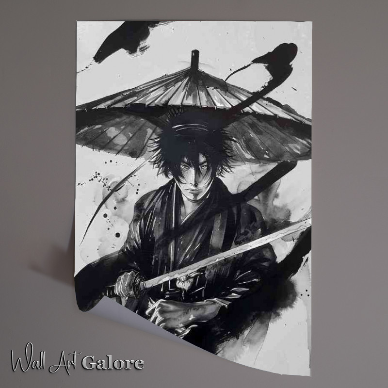 Buy Unframed Poster : (Young Samurai with dark hair and wearing an umbrella)