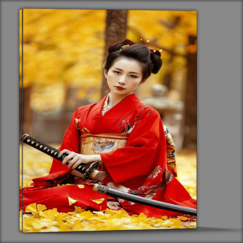 Buy Canvas : (beautiful_Japanese_woman_in_red_kimono_sitting_on_the_4f0df853-fa20-496c-8216-a41a84255be2)