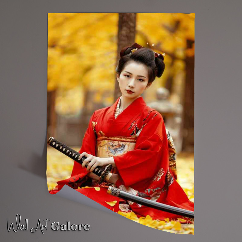 Buy Unframed Poster : (beautiful_Japanese_woman_in_red_kimono_sitting_on_the_4f0df853-fa20-496c-8216-a41a84255be2)