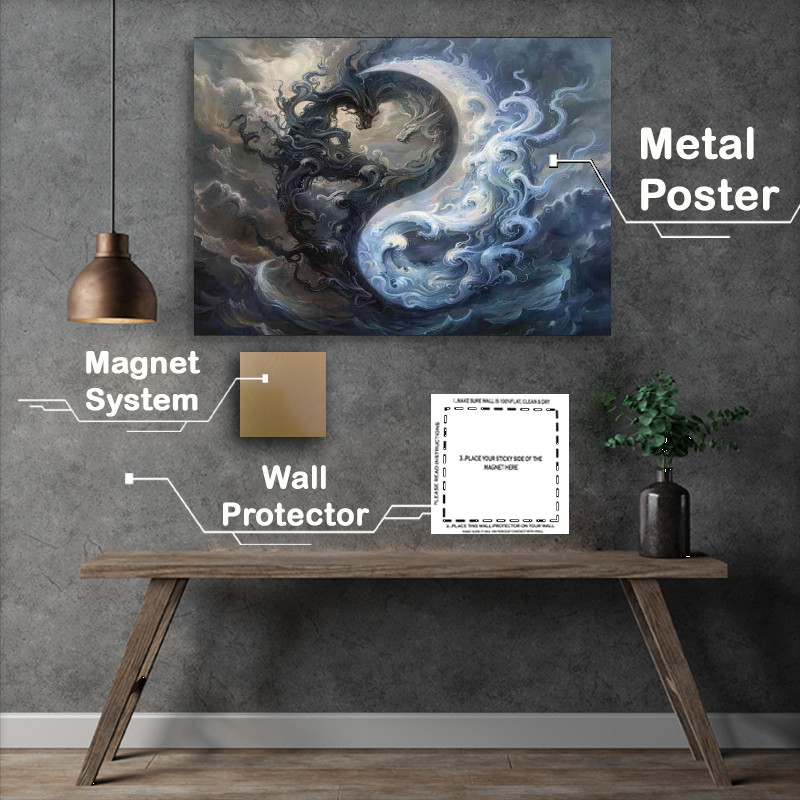 Buy Metal Poster : (Yin yang symbol black and white swirly coluds)