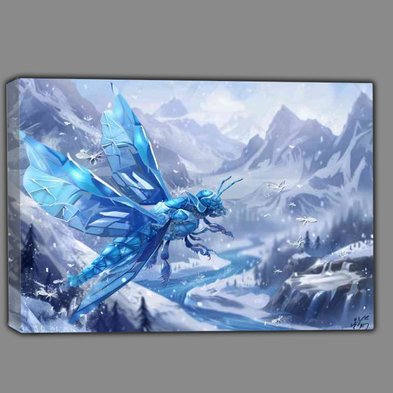 Buy Canvas : (A blue ice bee with crystal wings flying over an icy mountain)