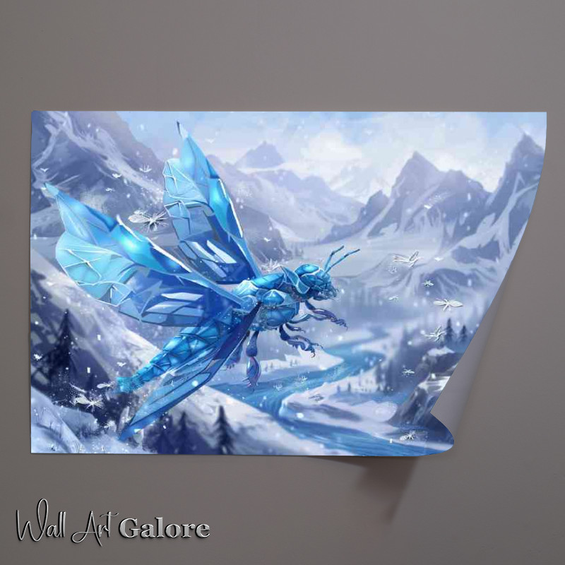Buy Unframed Poster : (A blue ice bee with crystal wings flying over an icy mountain)