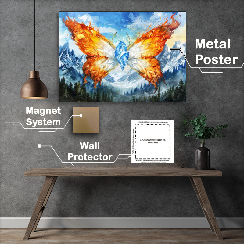 Buy Metal Poster : (Butterfly with wings made of fire and ice flying)