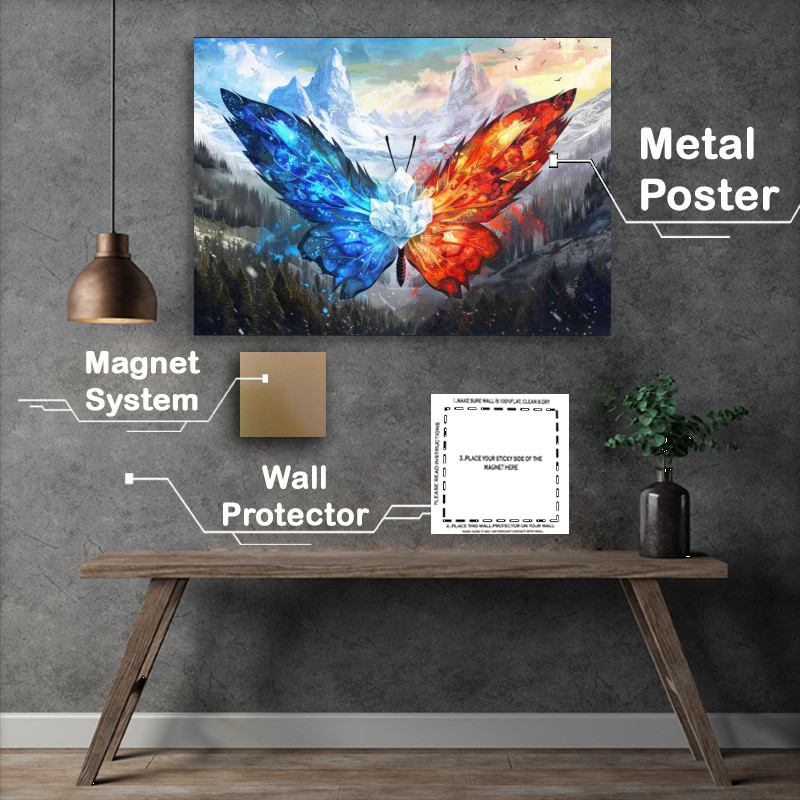 Buy Metal Poster : (Butterfly with wings made of fire and ice mountains)