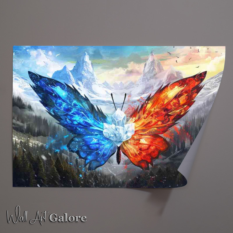 Buy Unframed Poster : (Butterfly with wings made of fire and ice mountains)