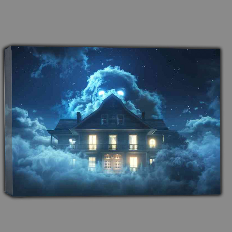 Buy Canvas : (House with an evil face made of fog night sky)