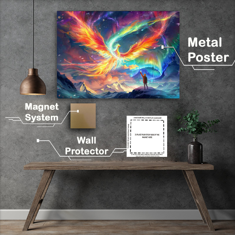 Buy Metal Poster : (Colorful Phoenix flies in the sky with aurora)