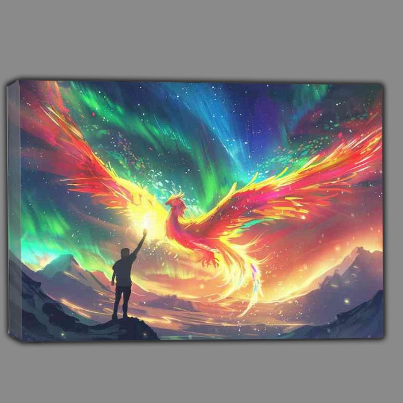 Buy Canvas : (Colorful Phoenix flies in the sky with aurora and mountains)