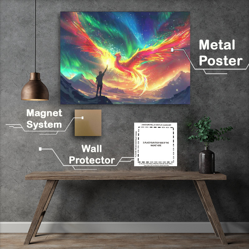 Buy Metal Poster : (Colorful Phoenix flies in the sky with aurora and mountains)