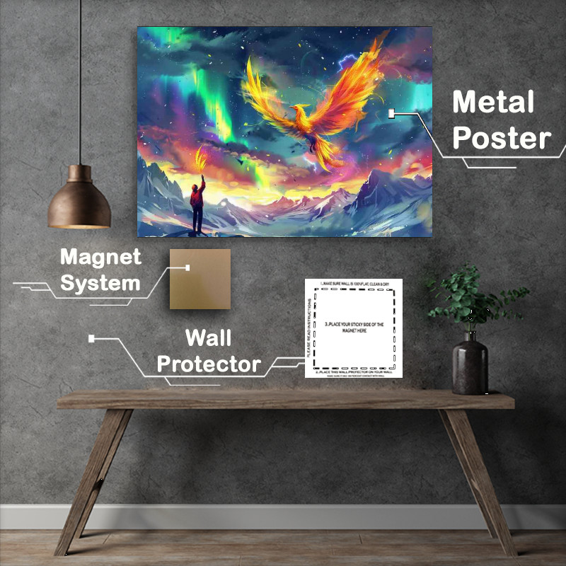 Buy Metal Poster : (Colorful Phoenix flies in the sky with aurora painted style)