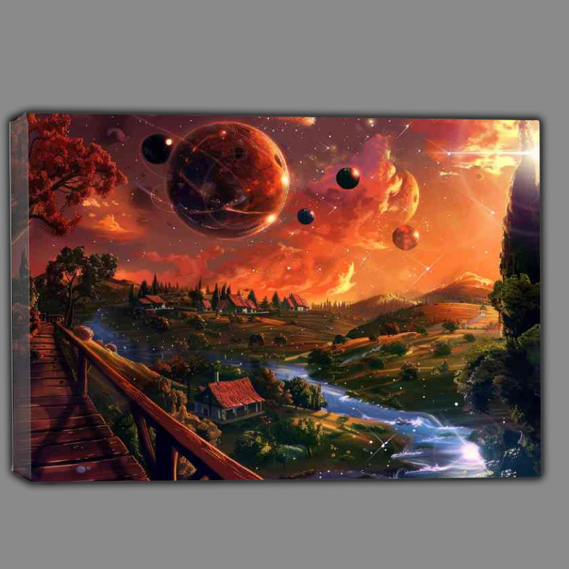 Buy Canvas : (Fantasy landscape with many planets and stars)