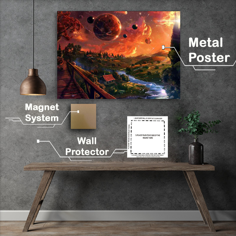 Buy Metal Poster : (Fantasy landscape with many planets and stars)
