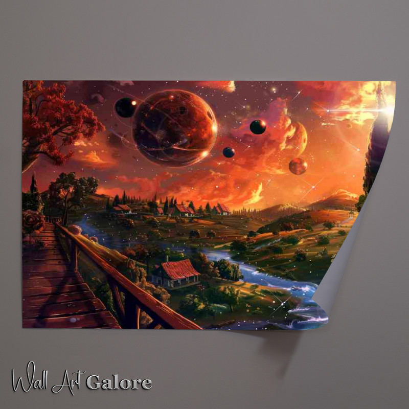 Buy Unframed Poster : (Fantasy landscape with many planets and stars)