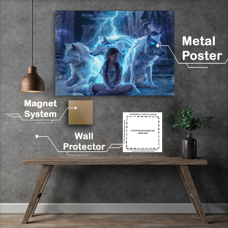 Buy Metal Poster : (Girl surrounded by three Wolves)