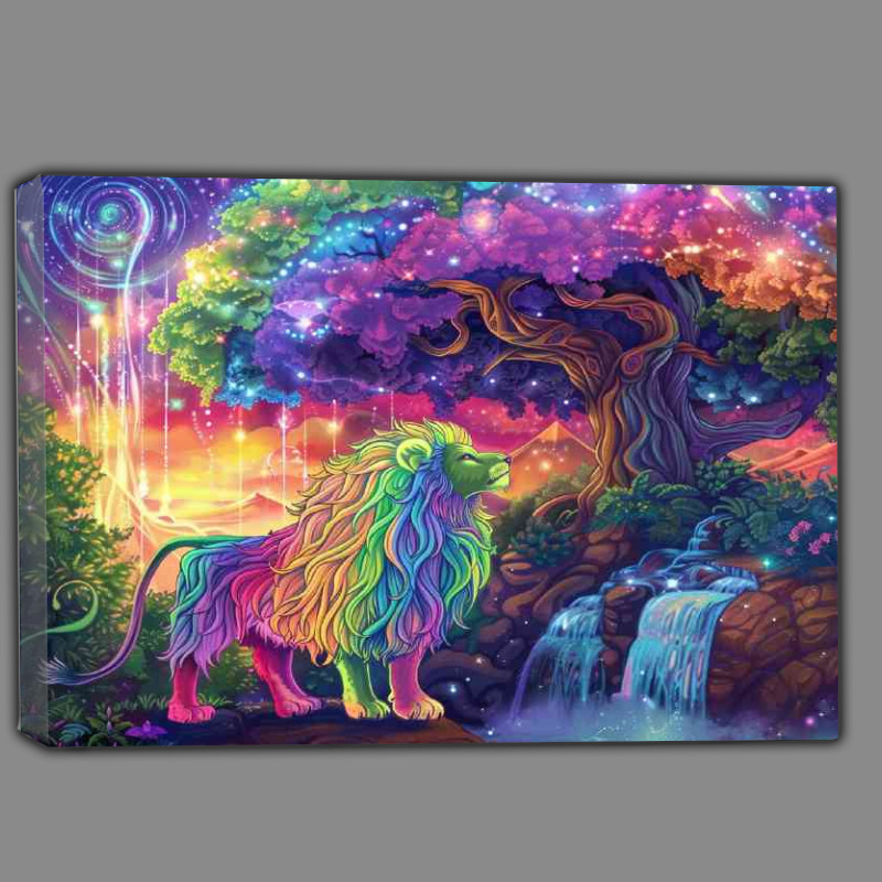 Buy Canvas : (Rainbow Lion in front of an enchanted tree with waterfalls)