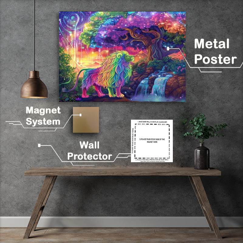 Buy Metal Poster : (Rainbow Lion in front of an enchanted tree with waterfalls)
