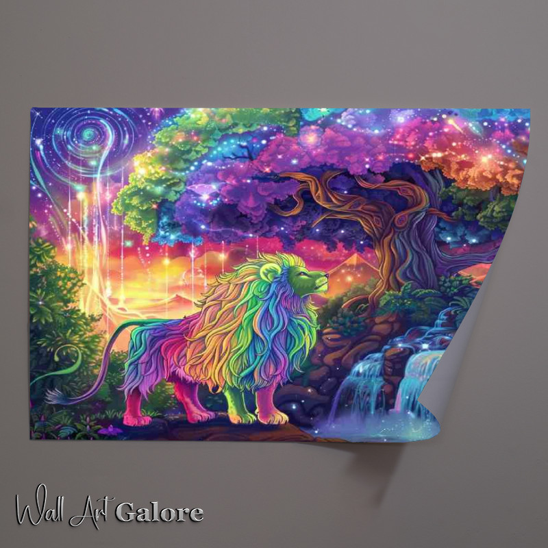 Buy Unframed Poster : (Rainbow Lion in front of an enchanted tree with waterfalls)