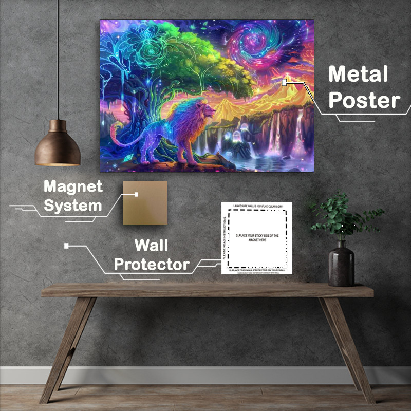 Buy Metal Poster : (Rainbow Lion in front of an tree waterfalls)