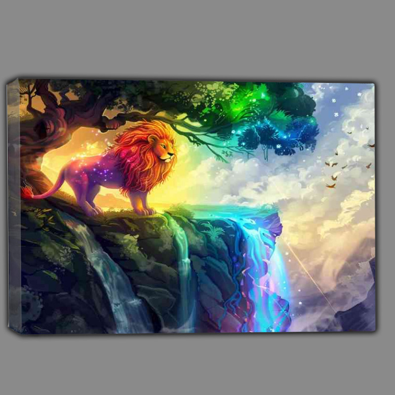 Buy Canvas : (Rainbow Lion standing in front of an enchanted tree waterfall)