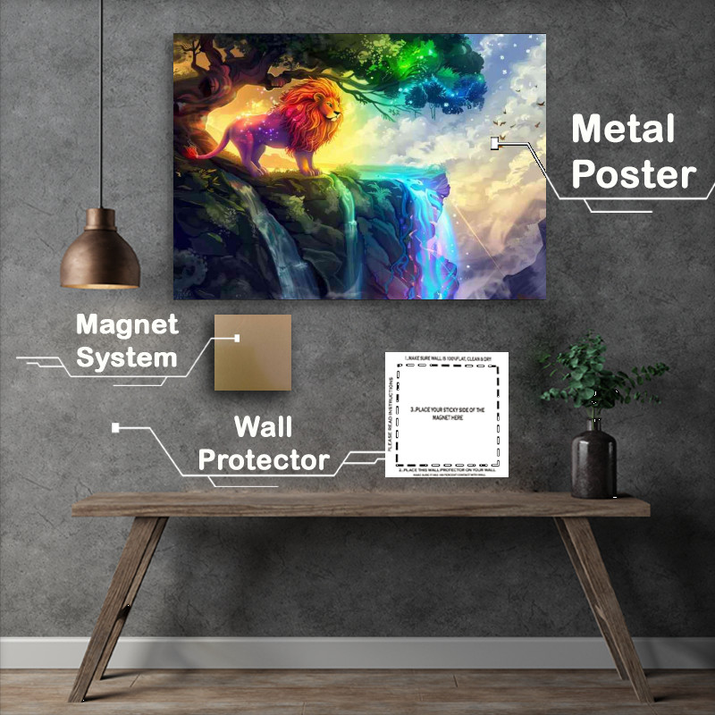 Buy Metal Poster : (Rainbow Lion standing in front of an enchanted tree waterfall)