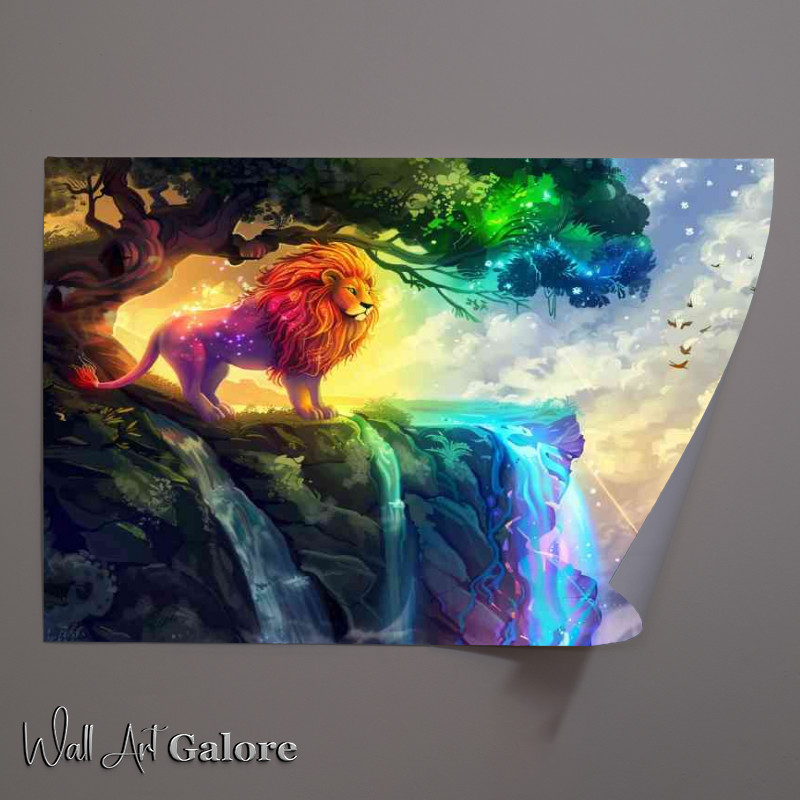 Buy Unframed Poster : (Rainbow Lion standing in front of an enchanted tree waterfall)