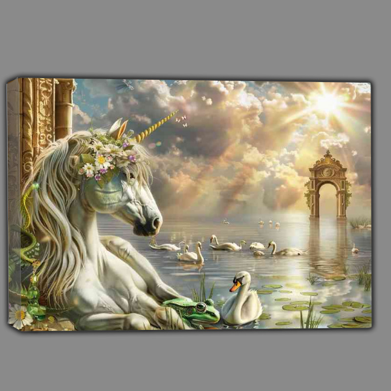 Buy Canvas : (Unicorn with flowers in her mane looking at the water)