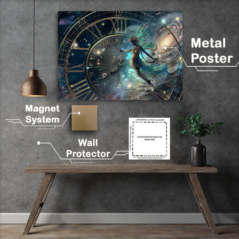 Buy Metal Poster : (Whimsical scene of an ethereal fairy with world clock)