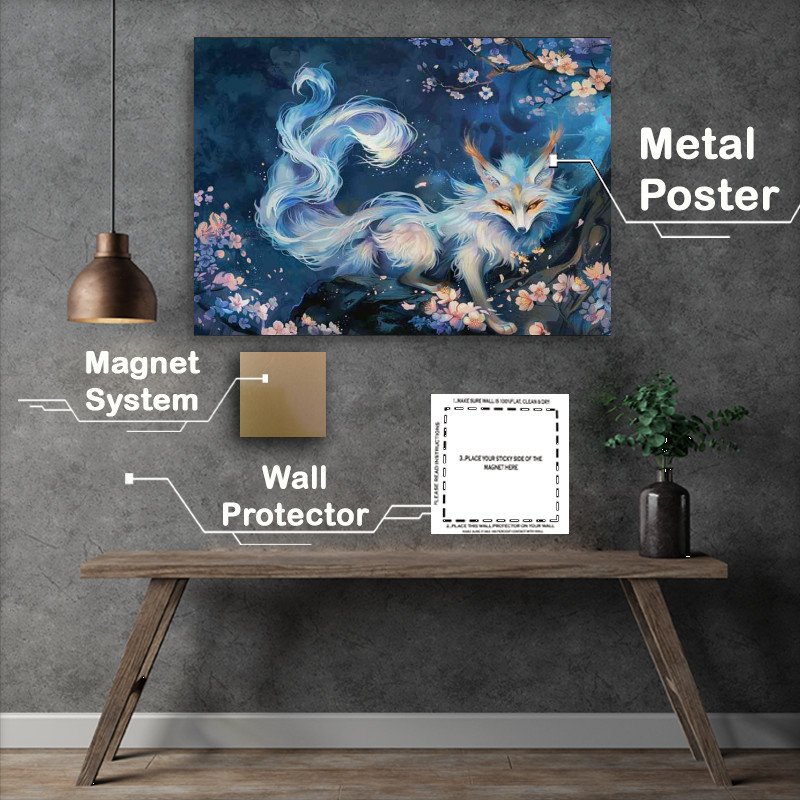 Buy Metal Poster : (White Fox with nine tails glowing eyes night)