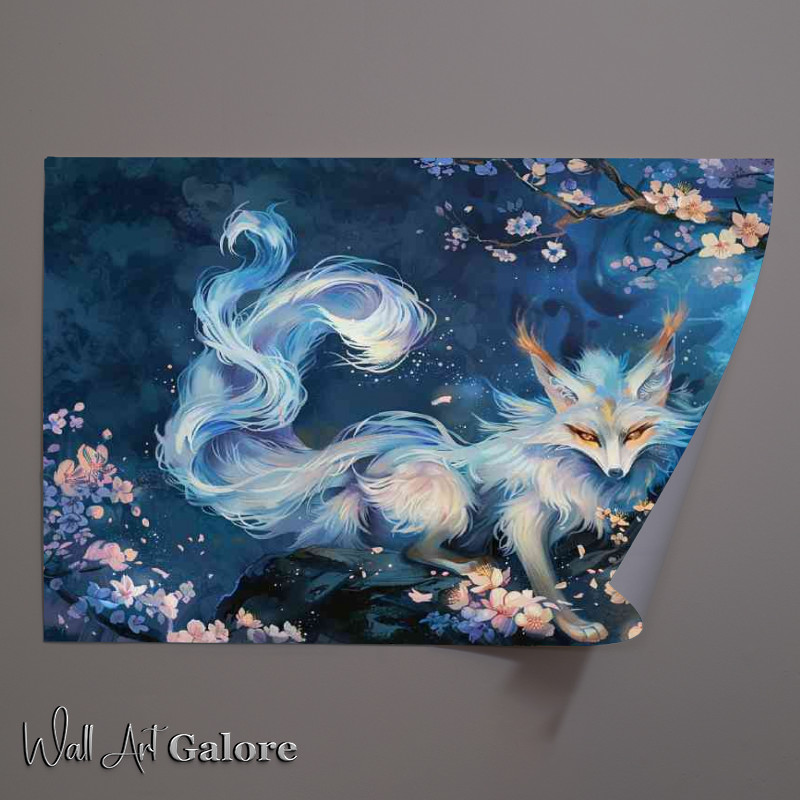 Buy Unframed Poster : (White Fox with nine tails glowing eyes night)