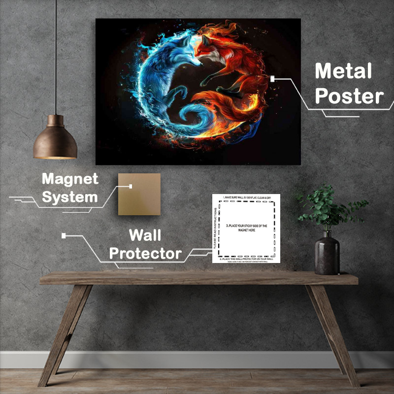 Buy Metal Poster : (Yin yang symbol with a blue wolf and red fox)