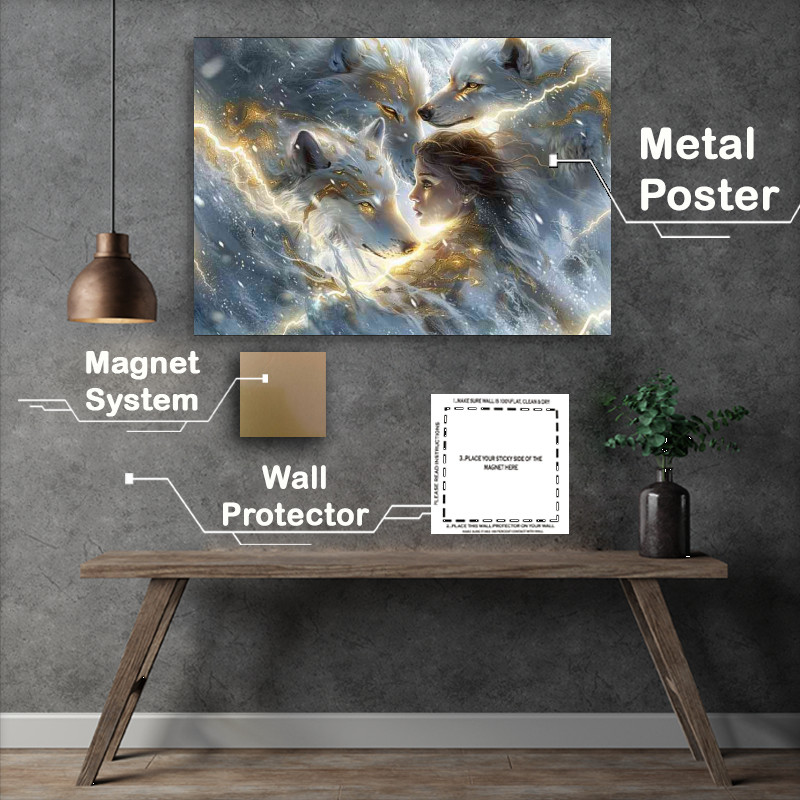 Buy Metal Poster : (young girl three white wolves)