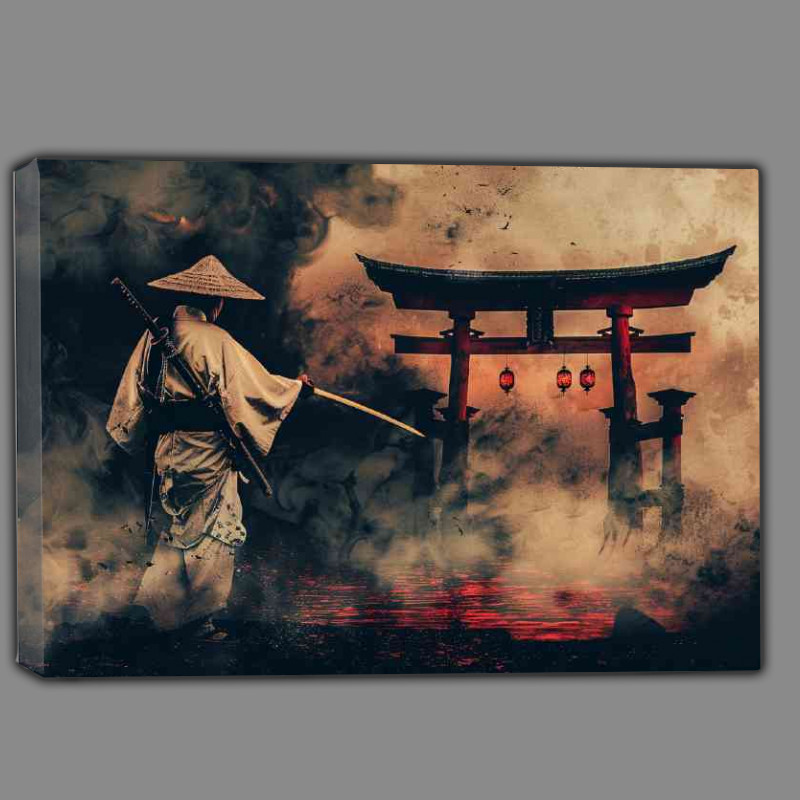 Buy Canvas : (Japanese Samurai holding a katana sword at tori gate)