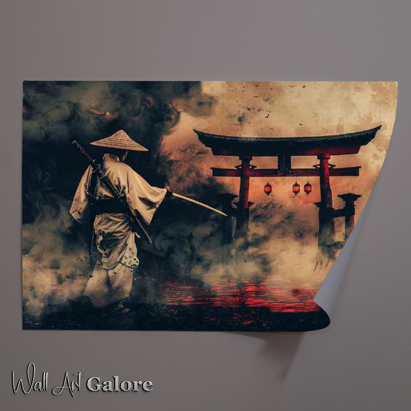 Buy Unframed Poster : (Japanese Samurai holding a katana sword at tori gate)