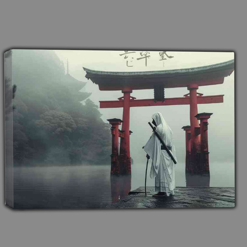 Buy Canvas : (Old samurai in white robes trianing at tori gate)